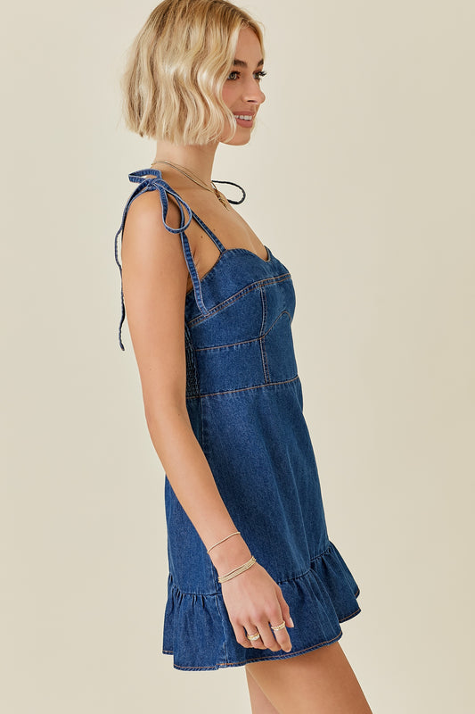 Denim Shoulder Tie Mini Dress (Size L)