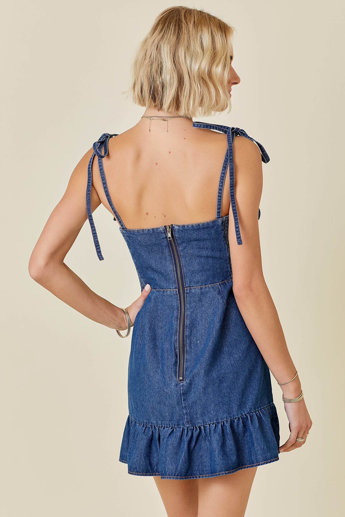 Denim Shoulder Tie Mini Dress (Size L)