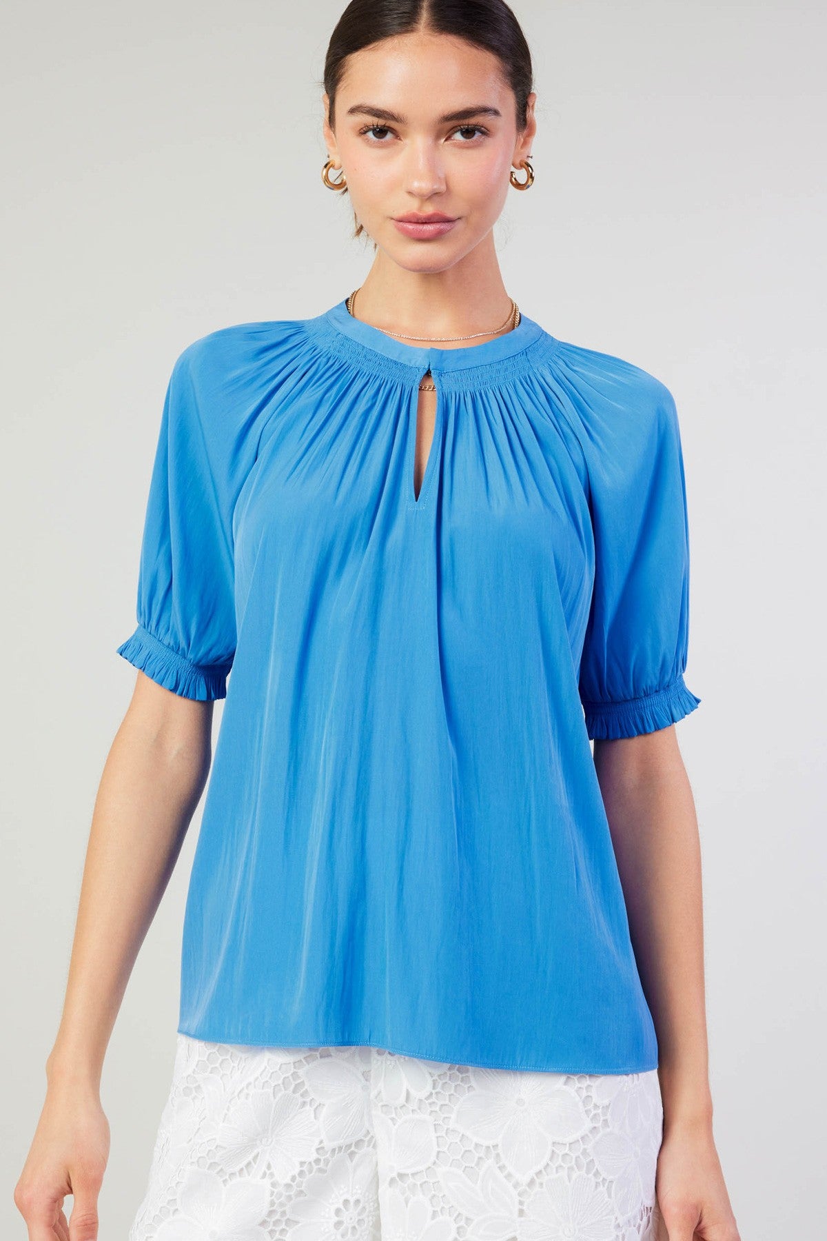 Split Neck Smocked Sleeve Blouse