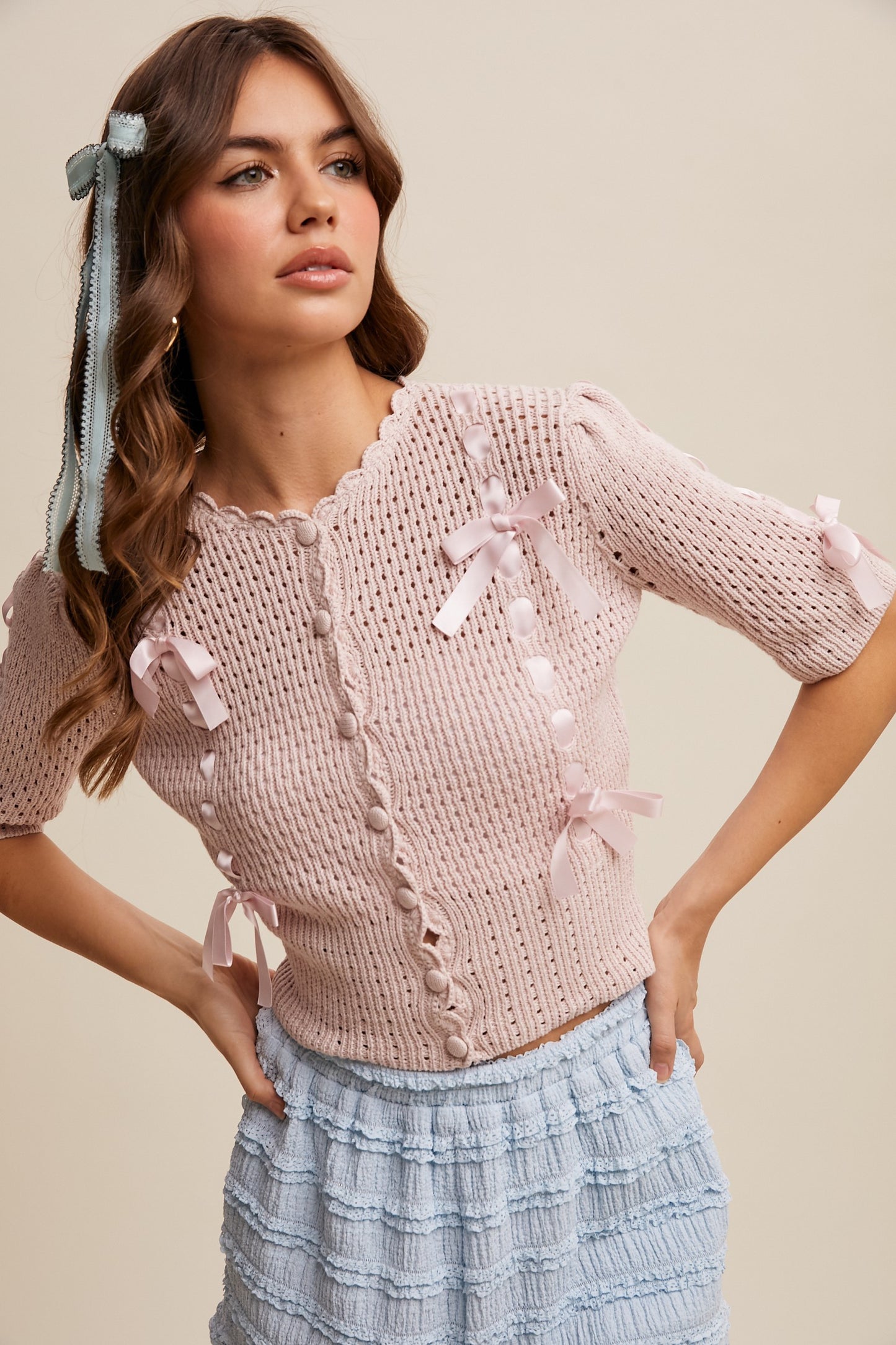 Knit Satin Bow Cardigan in Pink
