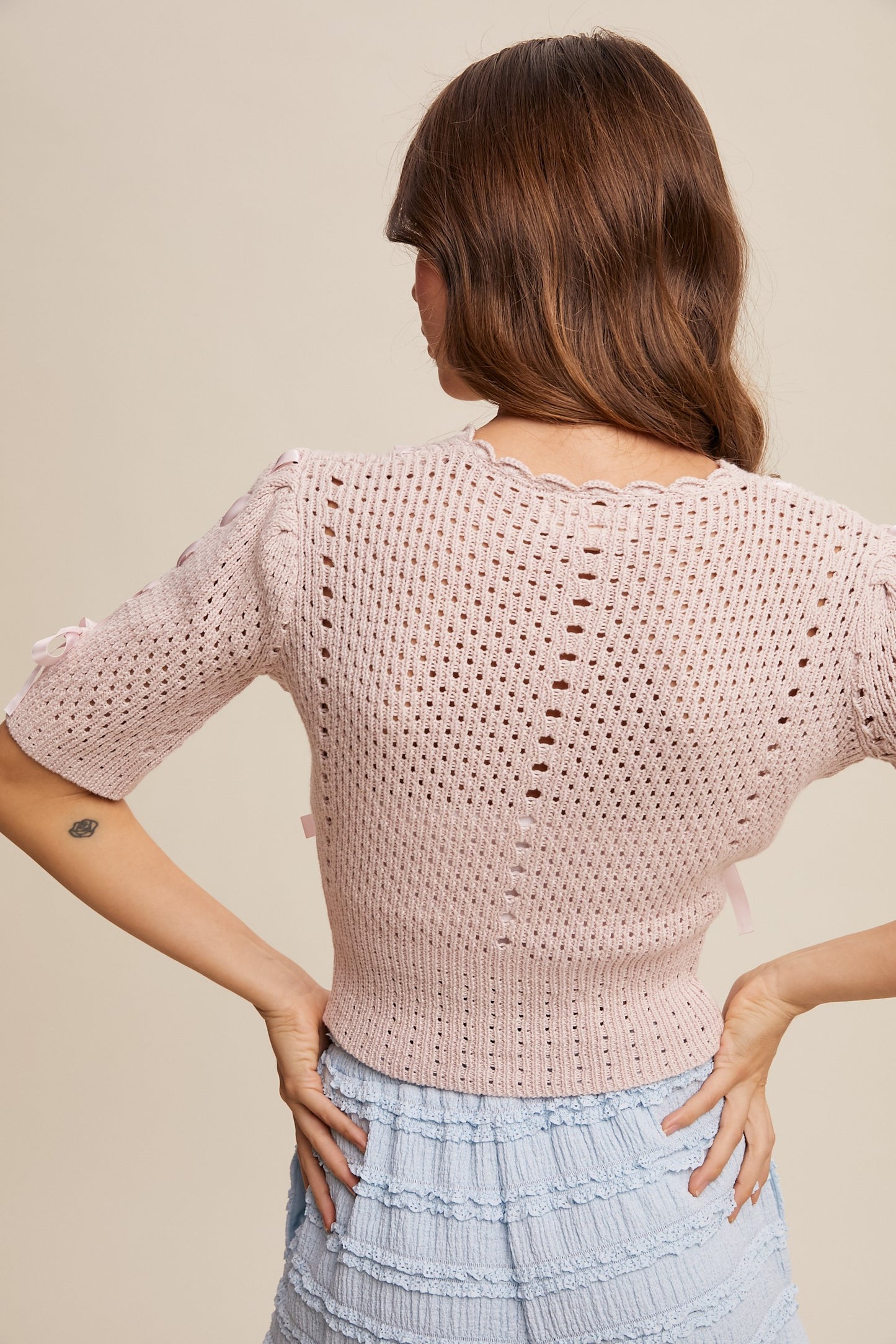 Knit Satin Bow Cardigan in Pink