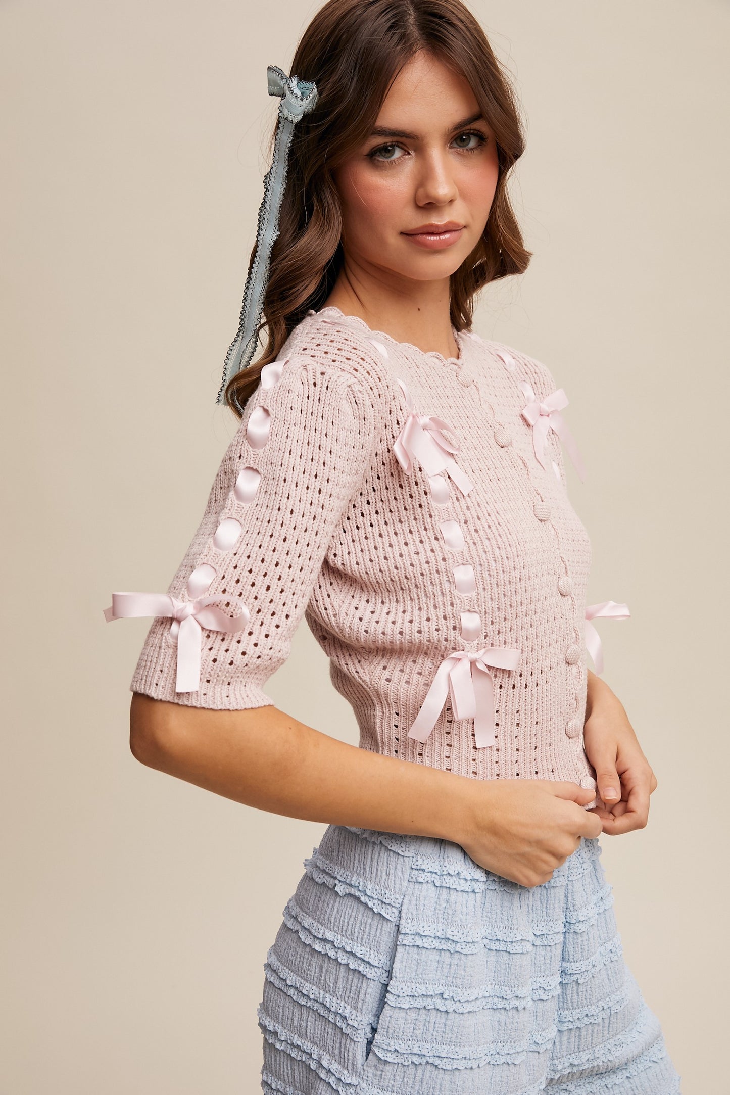 Knit Satin Bow Cardigan in Pink