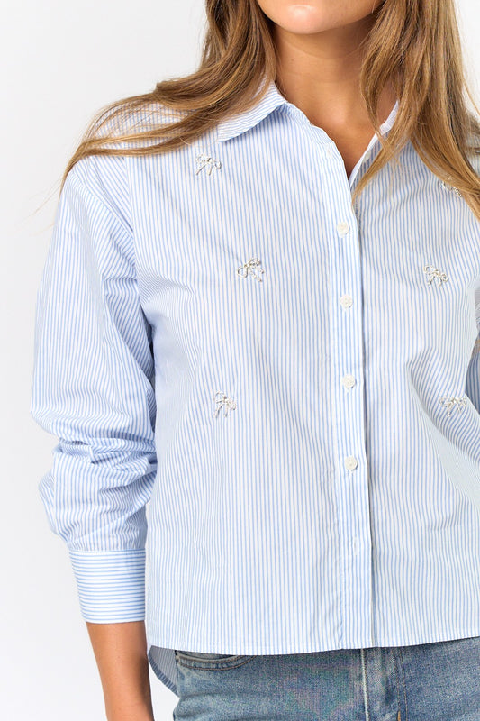 Jewel Bow Striped Button Down