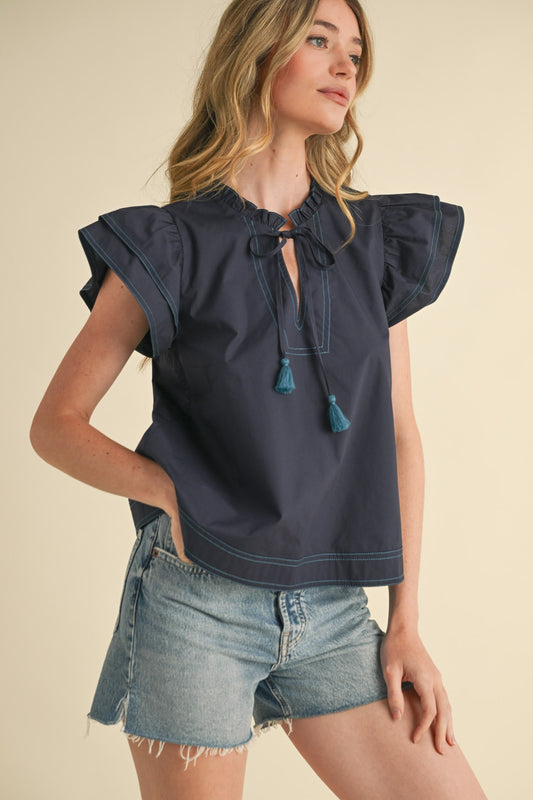 Flutter Sleeve Neck Tie Top