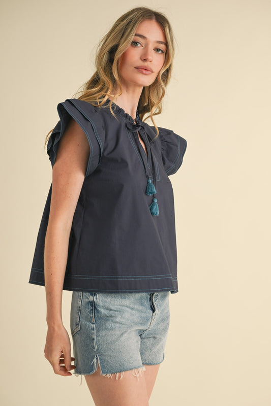 Flutter Sleeve Neck Tie Top