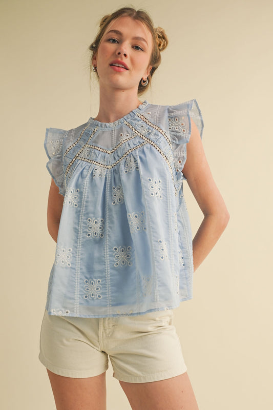 Lace Trim Flutter Sleeve Top