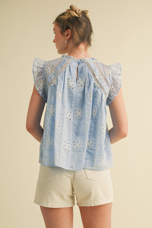 Lace Trim Flutter Sleeve Top