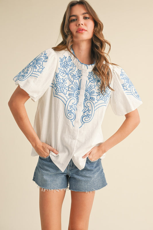 Embroidered Puff Sleeve Top