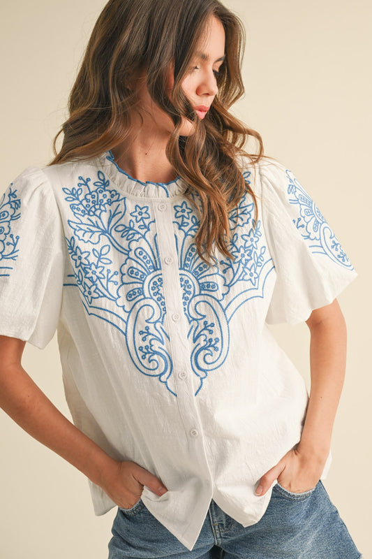 Embroidered Puff Sleeve Top