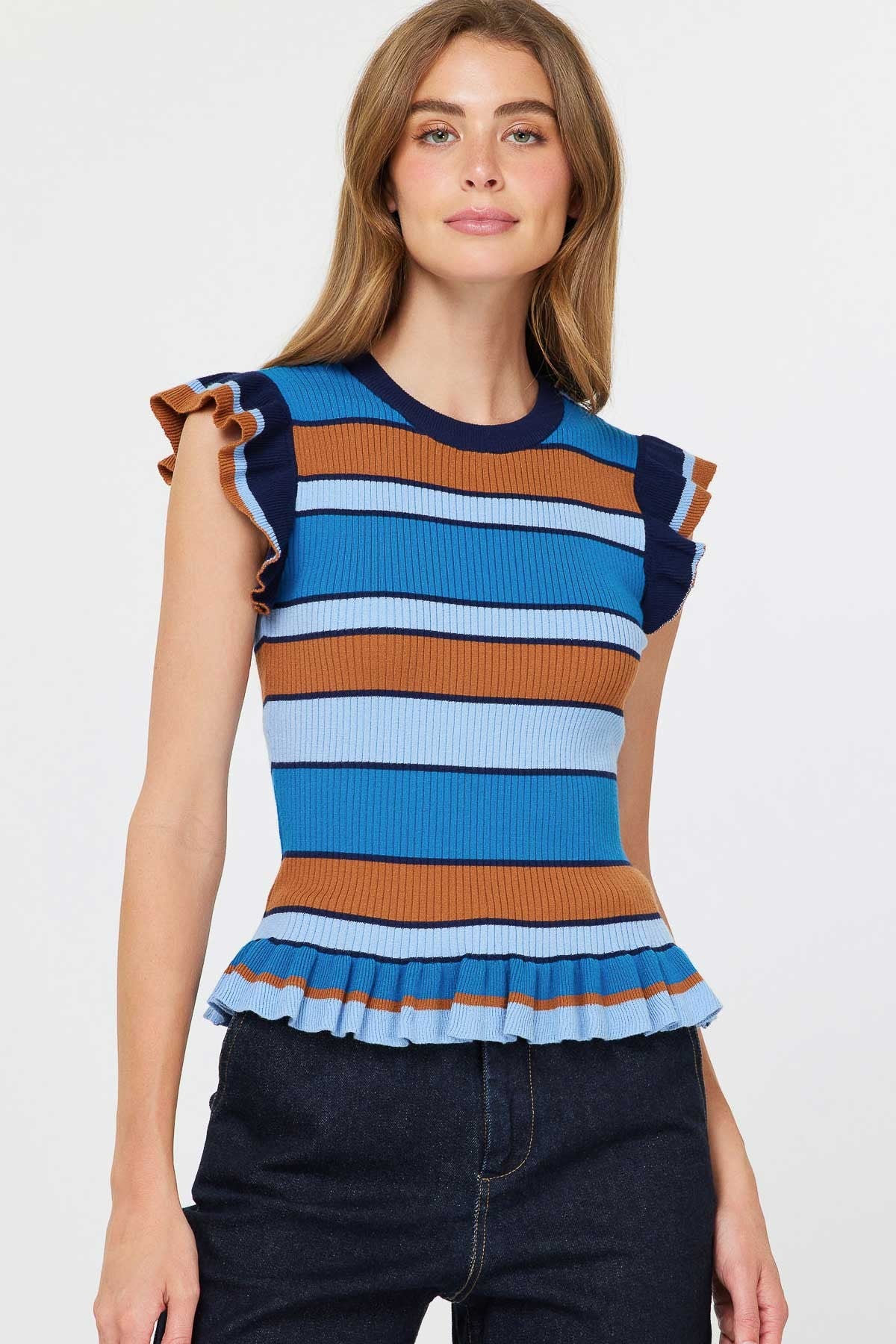 Flutter Sleeve Sweater in Blue/Brown