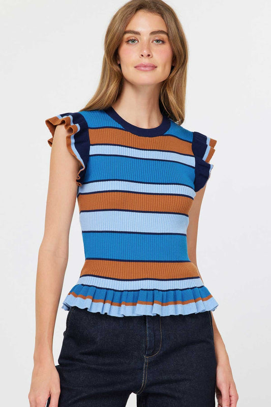 Flutter Sleeve Sweater in Blue/Brown