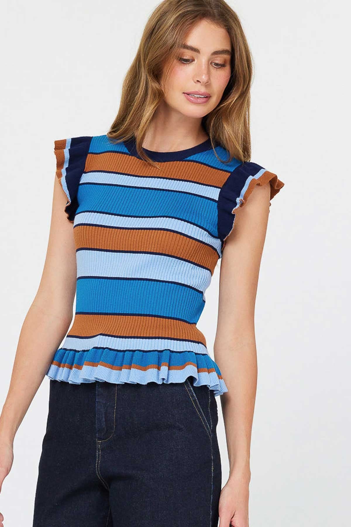 Flutter Sleeve Sweater in Blue/Brown