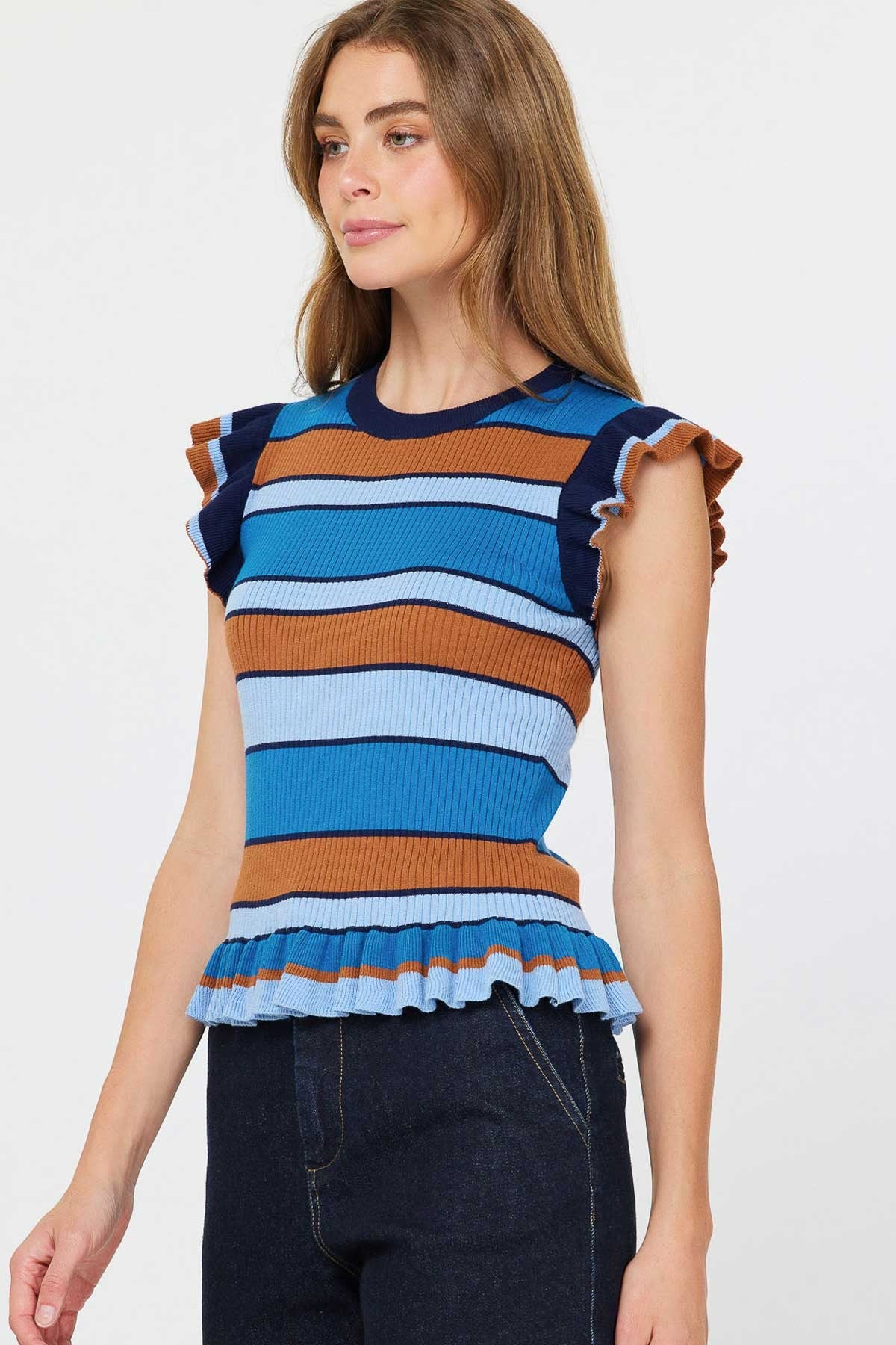 Flutter Sleeve Sweater in Blue/Brown