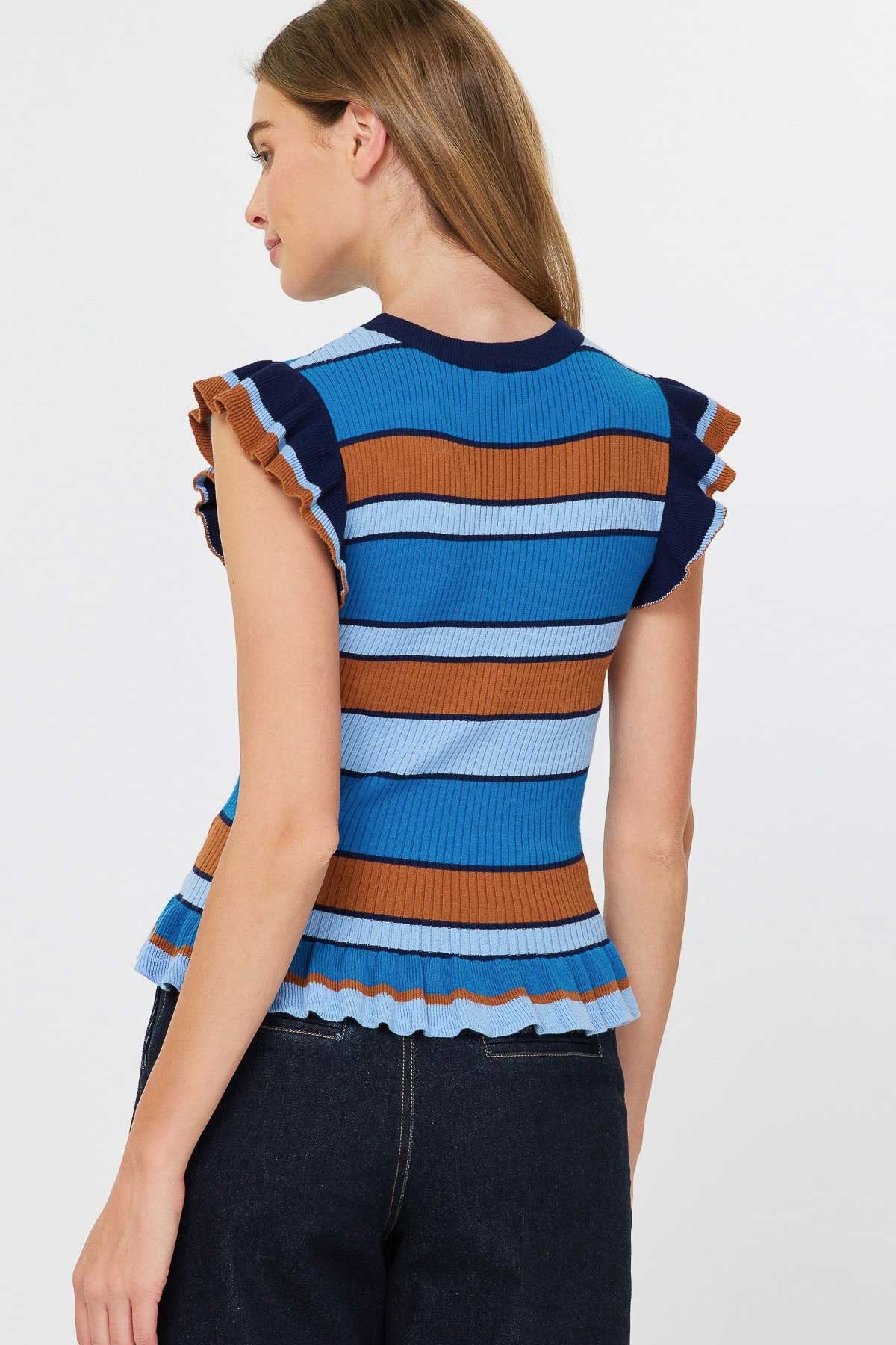 Flutter Sleeve Sweater in Blue/Brown