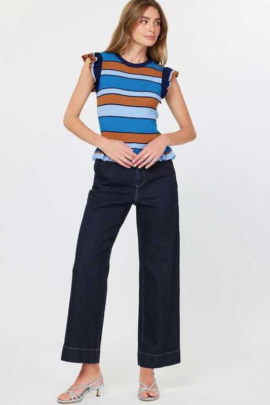 Flutter Sleeve Sweater in Blue/Brown