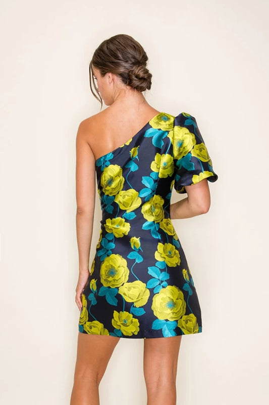 Navy/Lime Jacquard One Shoulder Dress