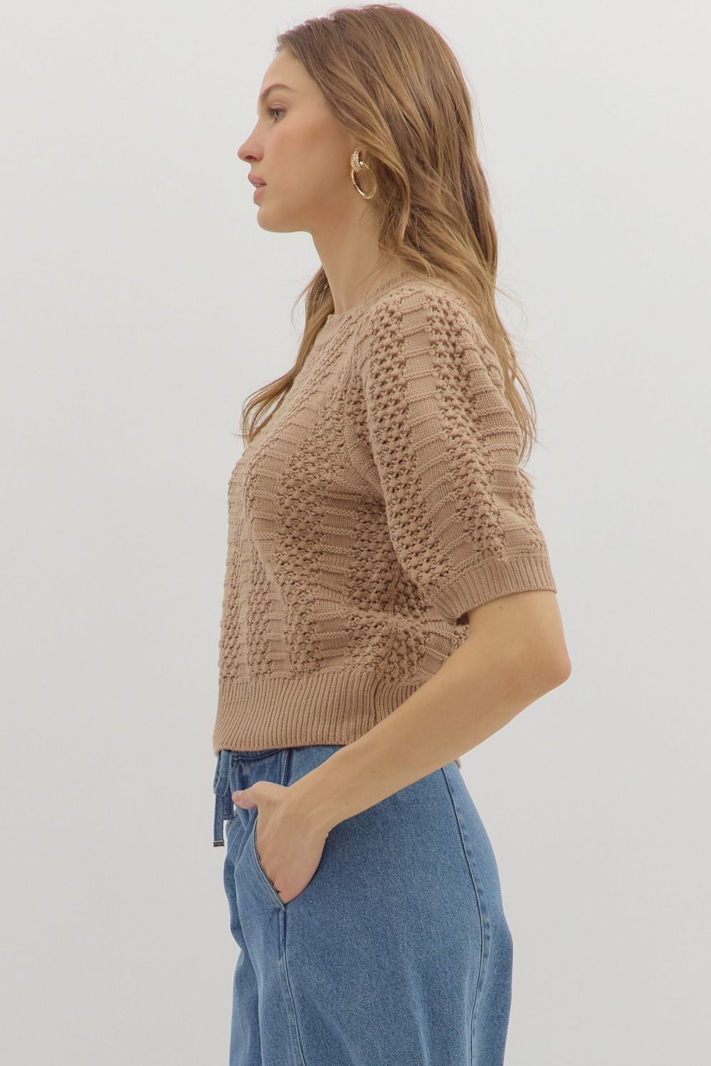 Short Sleeve Knit Taupe Sweater