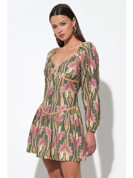 Coralie Drop Waist Floral Mini Dress in Olive