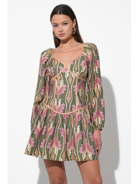 Coralie Drop Waist Floral Mini Dress in Olive
