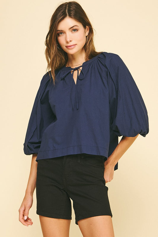Tie V-Neck Top in Navy