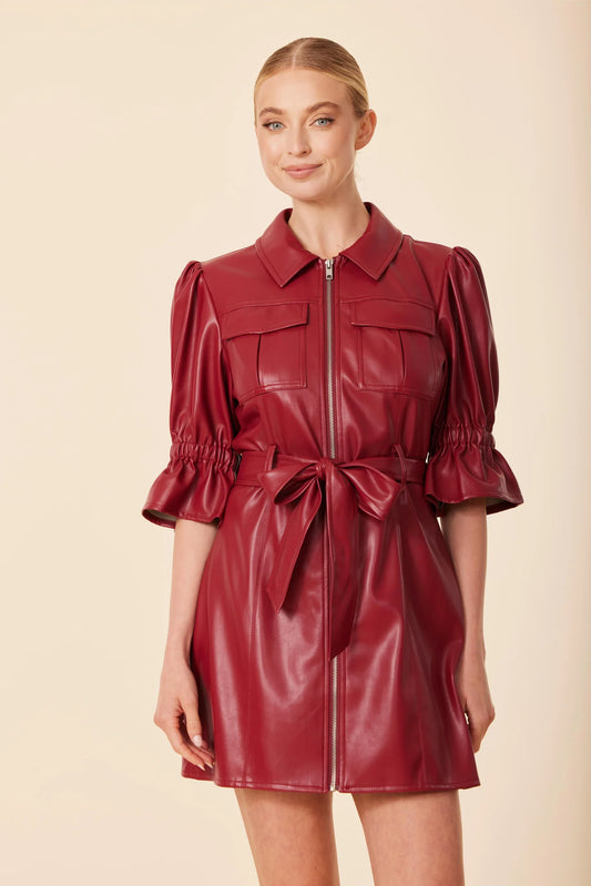 Red Leather Belted Dress