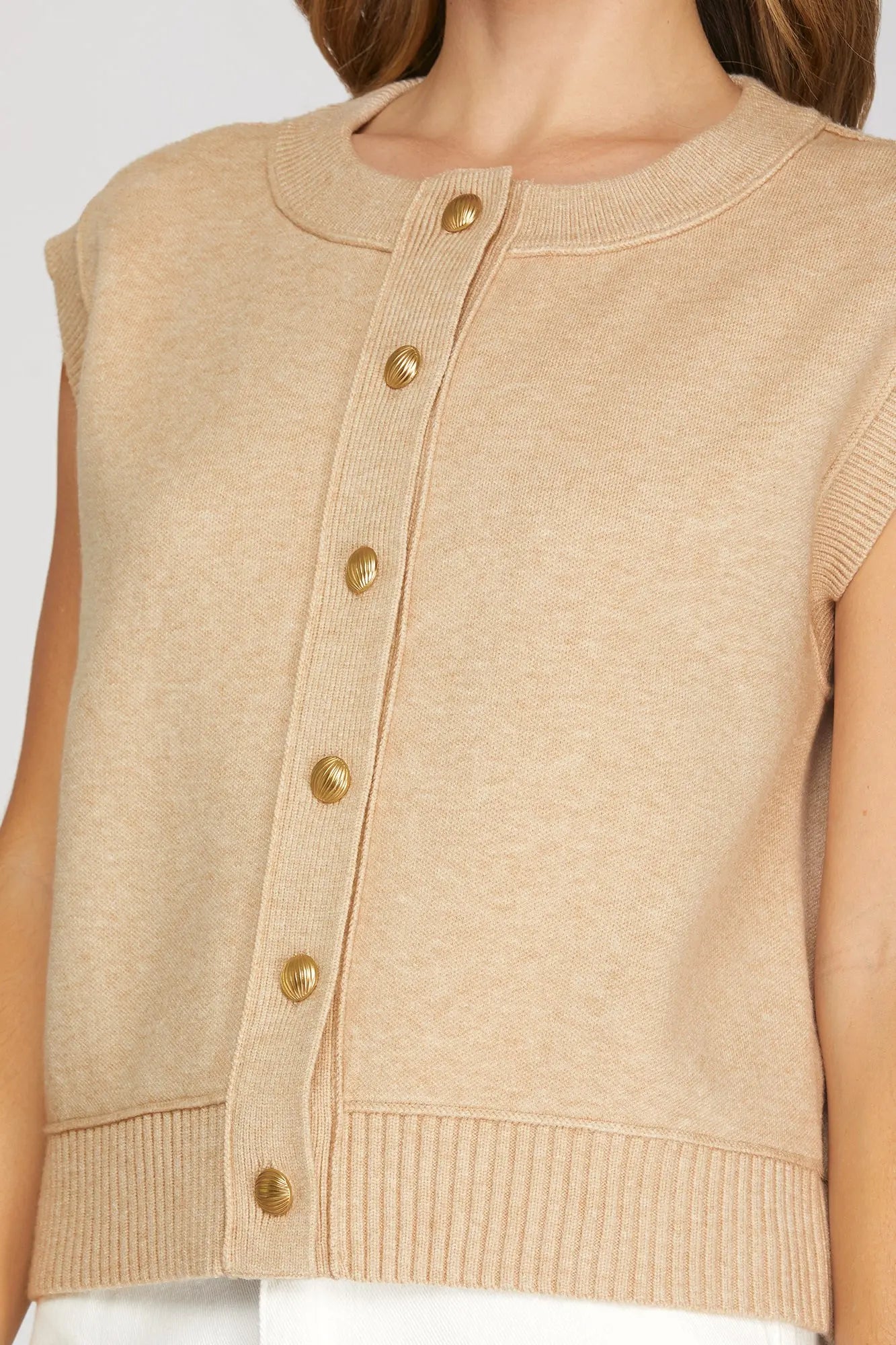 Gold Button Up Sleeveless Sweater Top