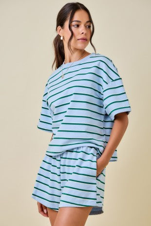 Striped Boxy Lounge Top Baby Blue/Hunter Green