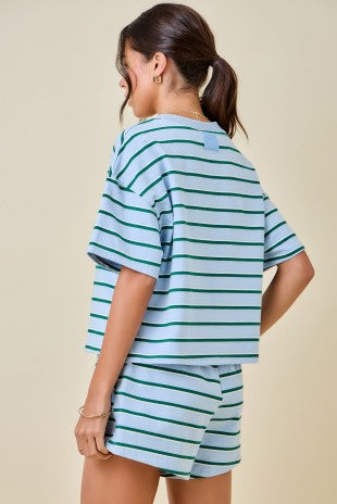 Striped Boxy Lounge Top Baby Blue/Hunter Green