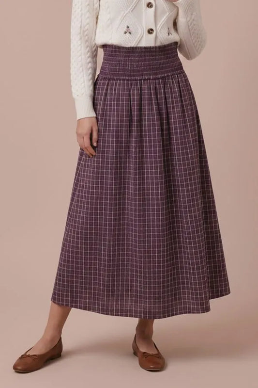 Smocked Waist Plaid Midi Skirt