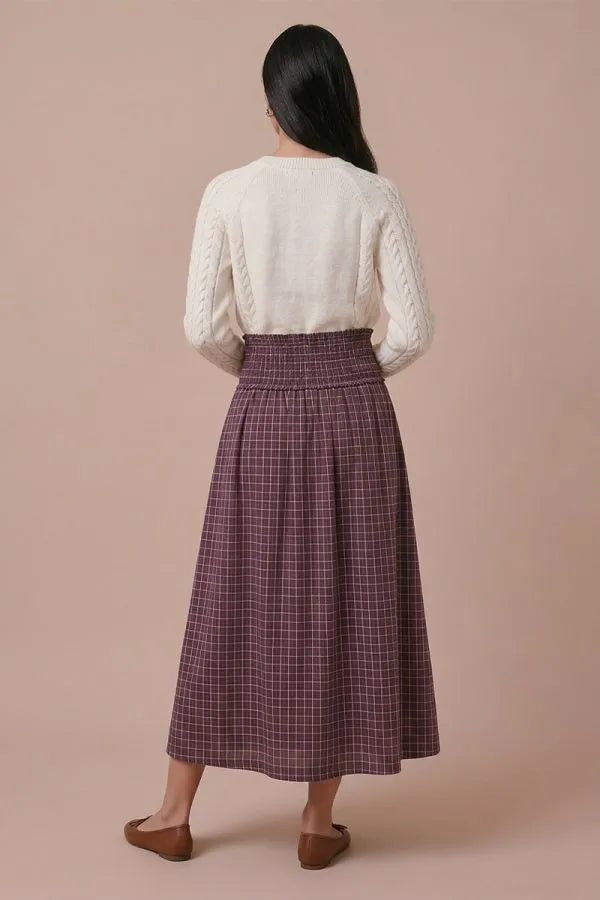 Smocked Waist Plaid Midi Skirt
