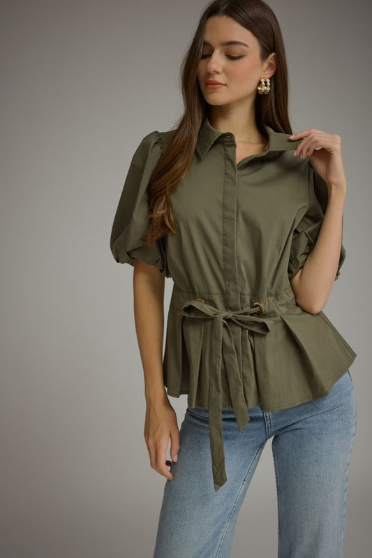 Tie Waist Peplum Top-M