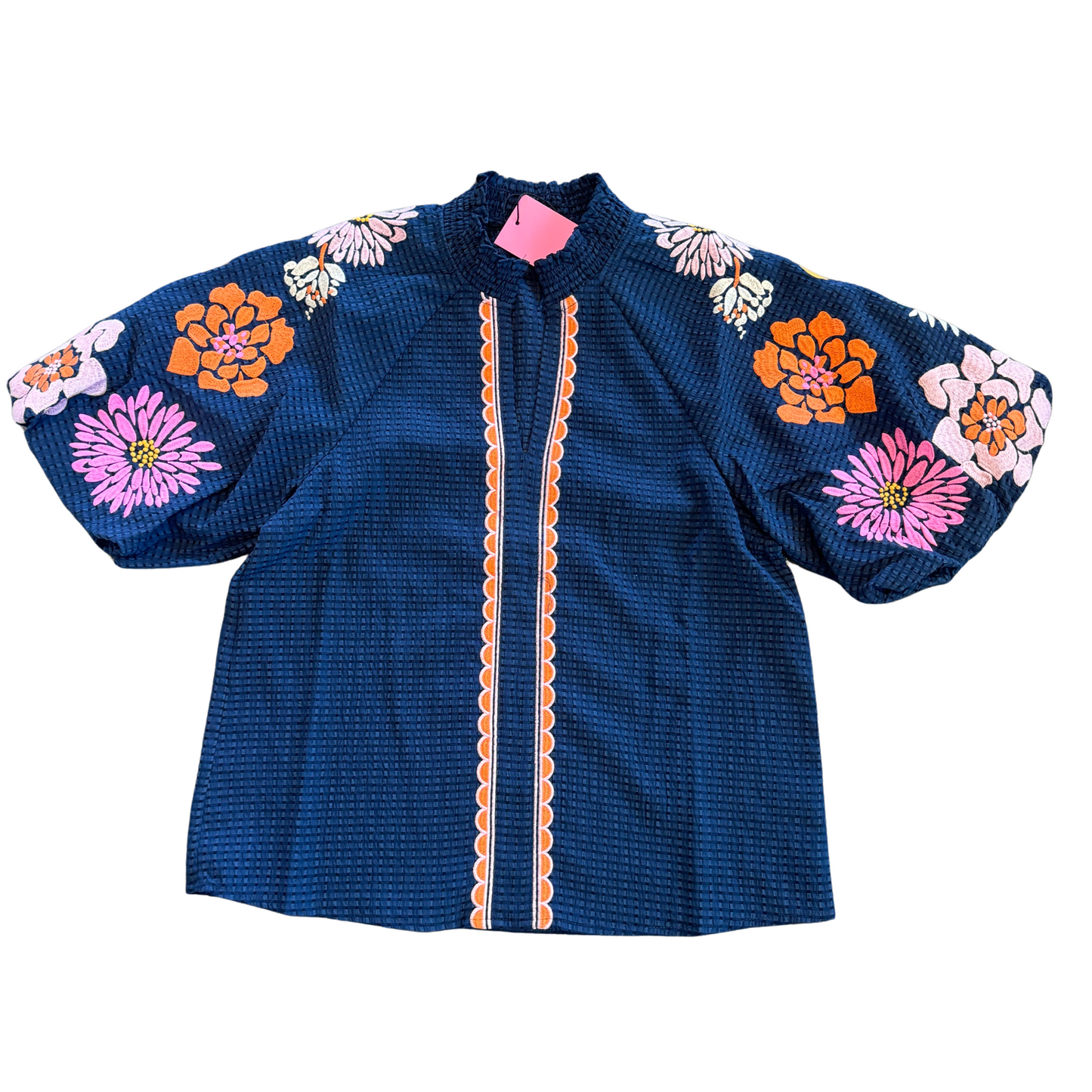 Navy Puckered Flower Top-L