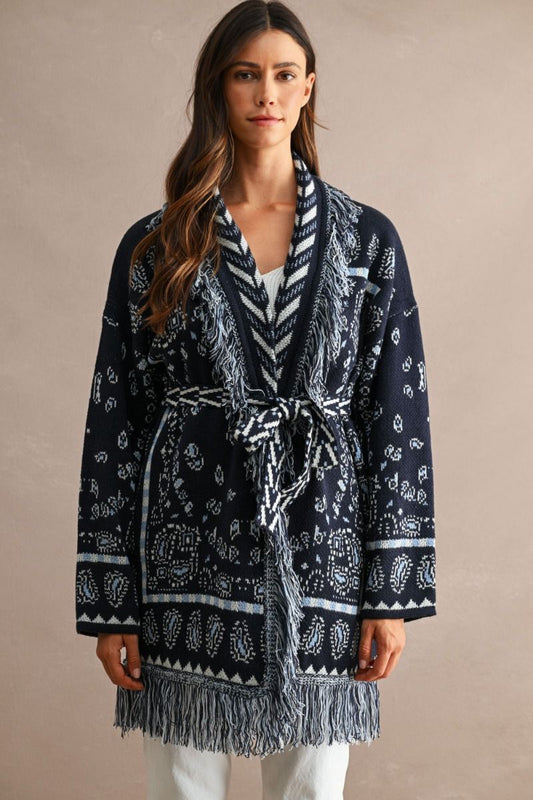 Navy Fringe Paisley Long Belted Sweater