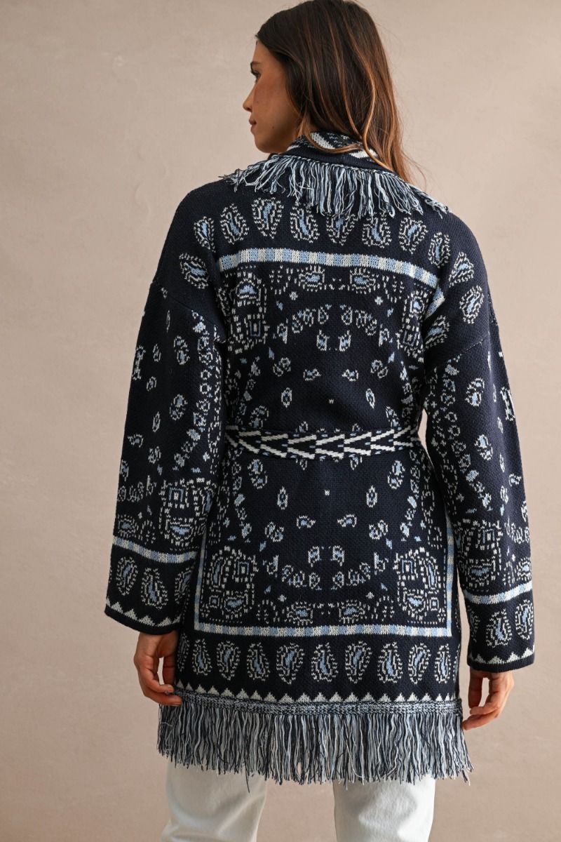 Navy Fringe Paisley Long Belted Sweater