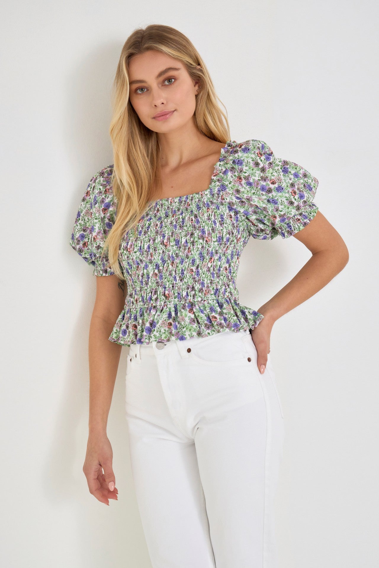 Jacquard Puff Sleeve Top