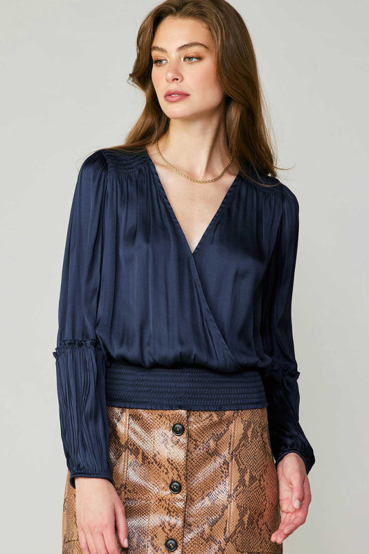 Long Sleeve Pleated Top Navy