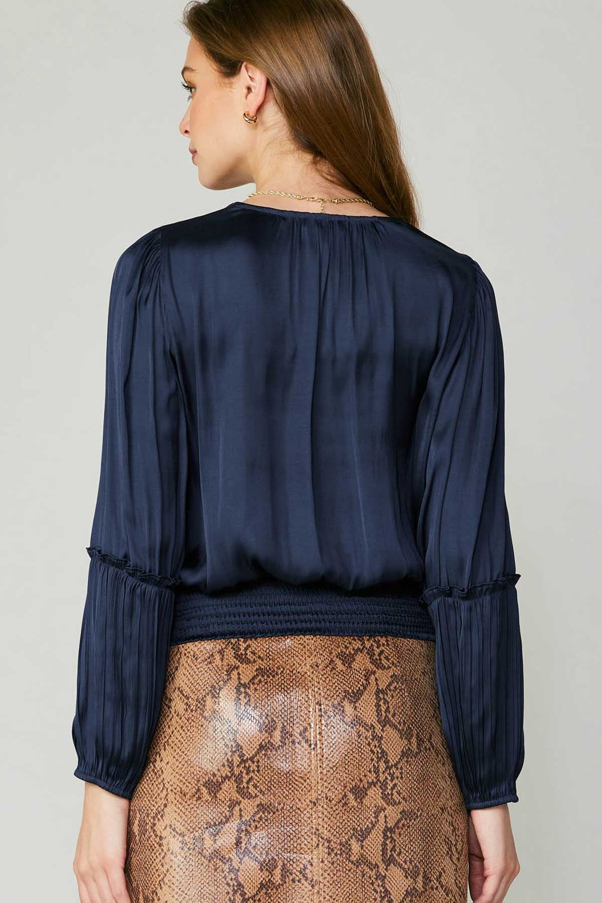 Long Sleeve Pleated Top Navy