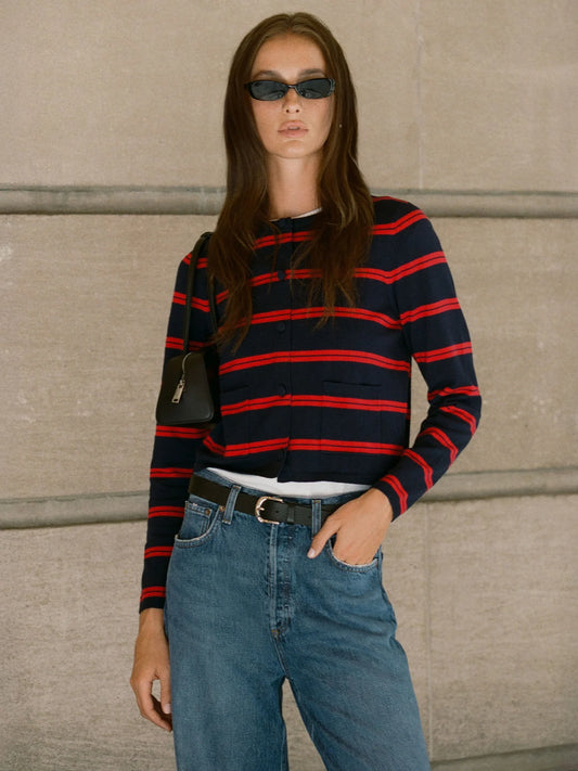 Padma Fine Knit Cardi in Navy/Red Stripe