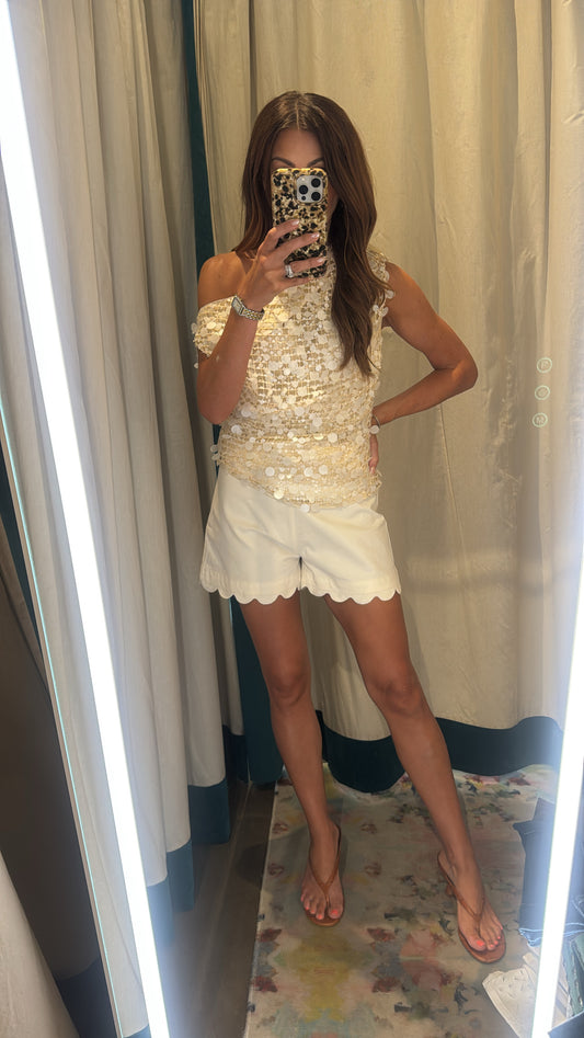 Lucy Paris candy disc sequin cream white top 