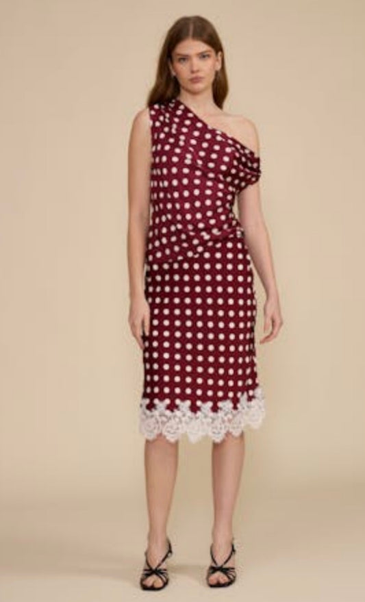 A model wearing a one-shoulder midi dress in burgundy with white polka dots and a white lace hem, paired with black strappy heels, against a solid beige background.