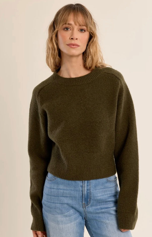 A woman wearing an olive green cropped knit sweater and light blue jeans, standing against a plain light beige studio background.