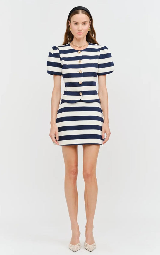 Sofie the label navy white stripe button up top gold buttons 