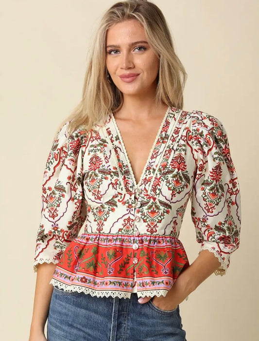 Cream Floral Peplum Top