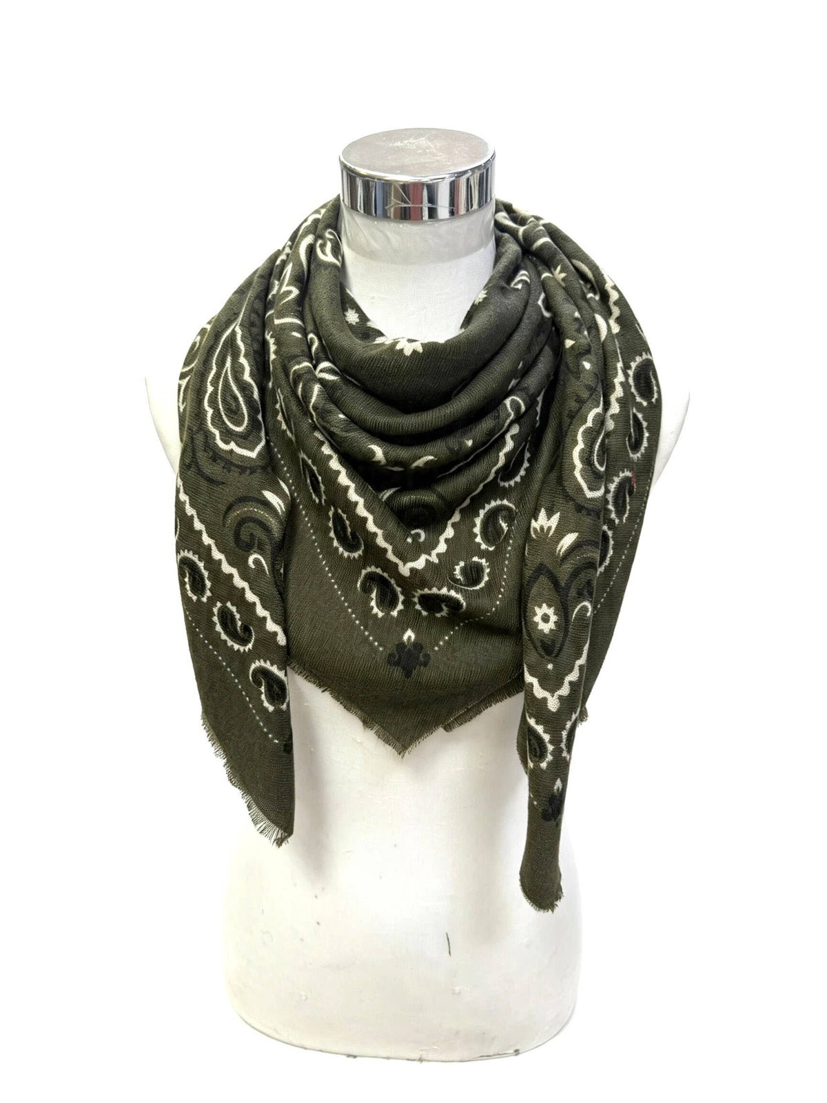An olive green bandana scarf with a white paisley pattern, draped on a white mannequin torso against a white background.