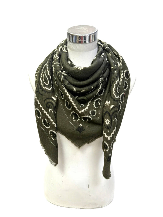 An olive green bandana scarf with a white paisley pattern, draped on a white mannequin torso against a white background.