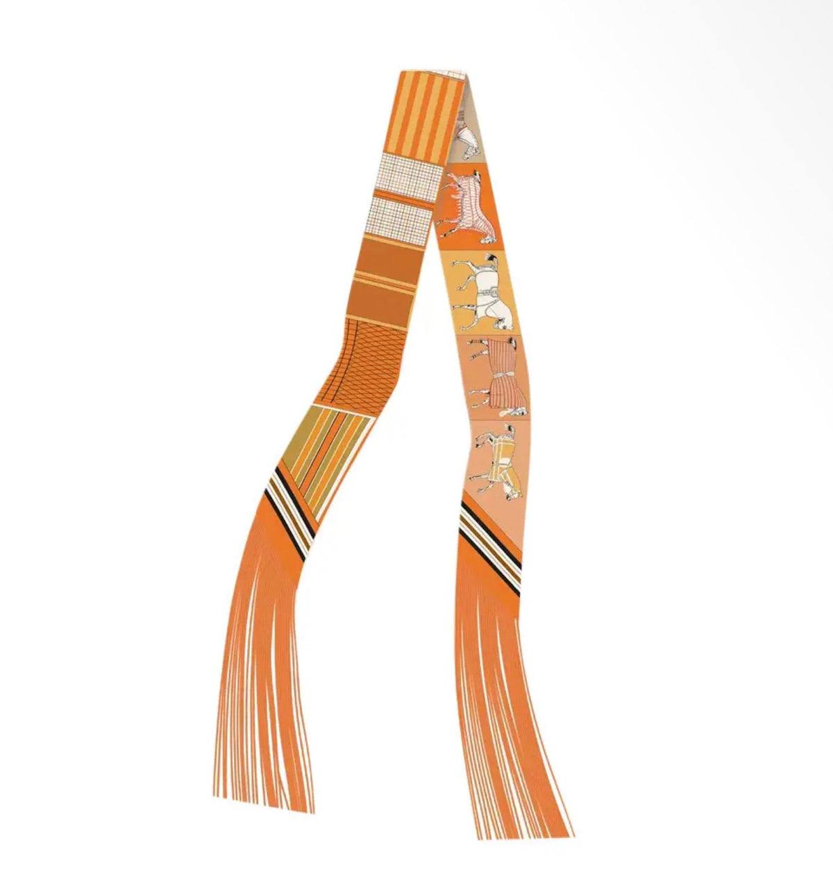 An orange and beige patterned scarf with fringe tassels, featuring stylized dog illustrations and geometric stripes, displayed on a clean white background.