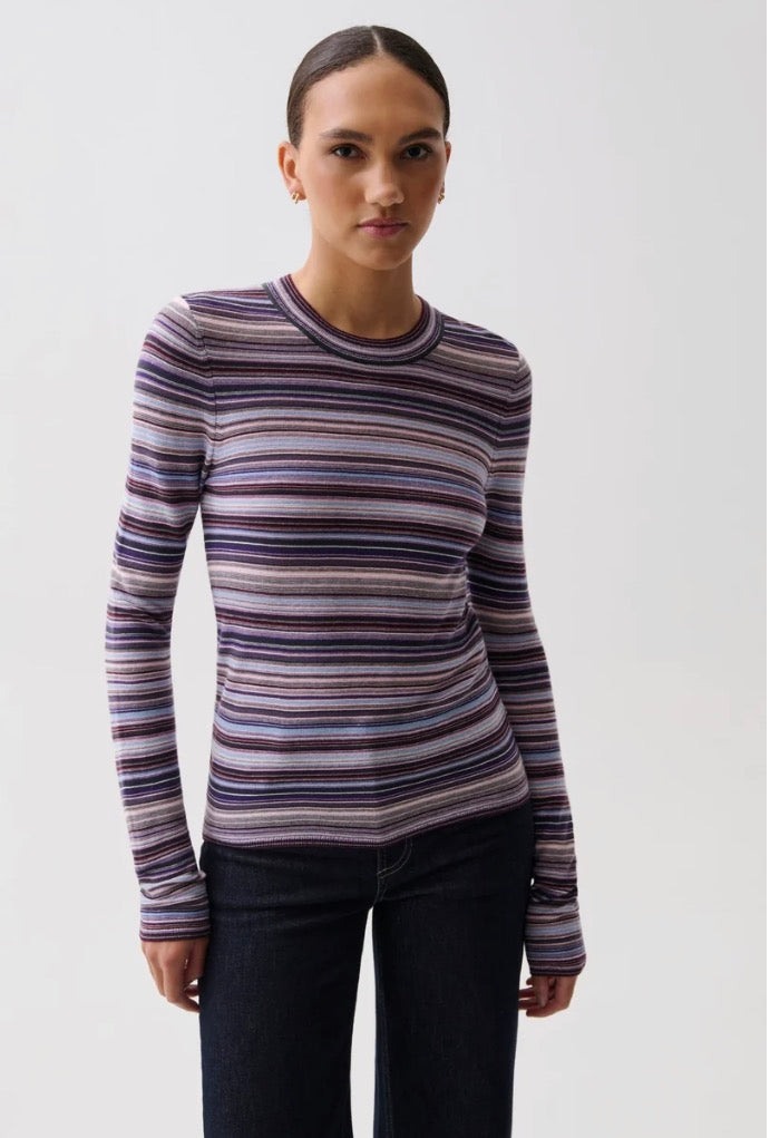 A woman modeling a long-sleeve crewneck knit top with horizontal stripes in purple, blue, pink, and beige, paired with dark jeans against a light gray studio background.