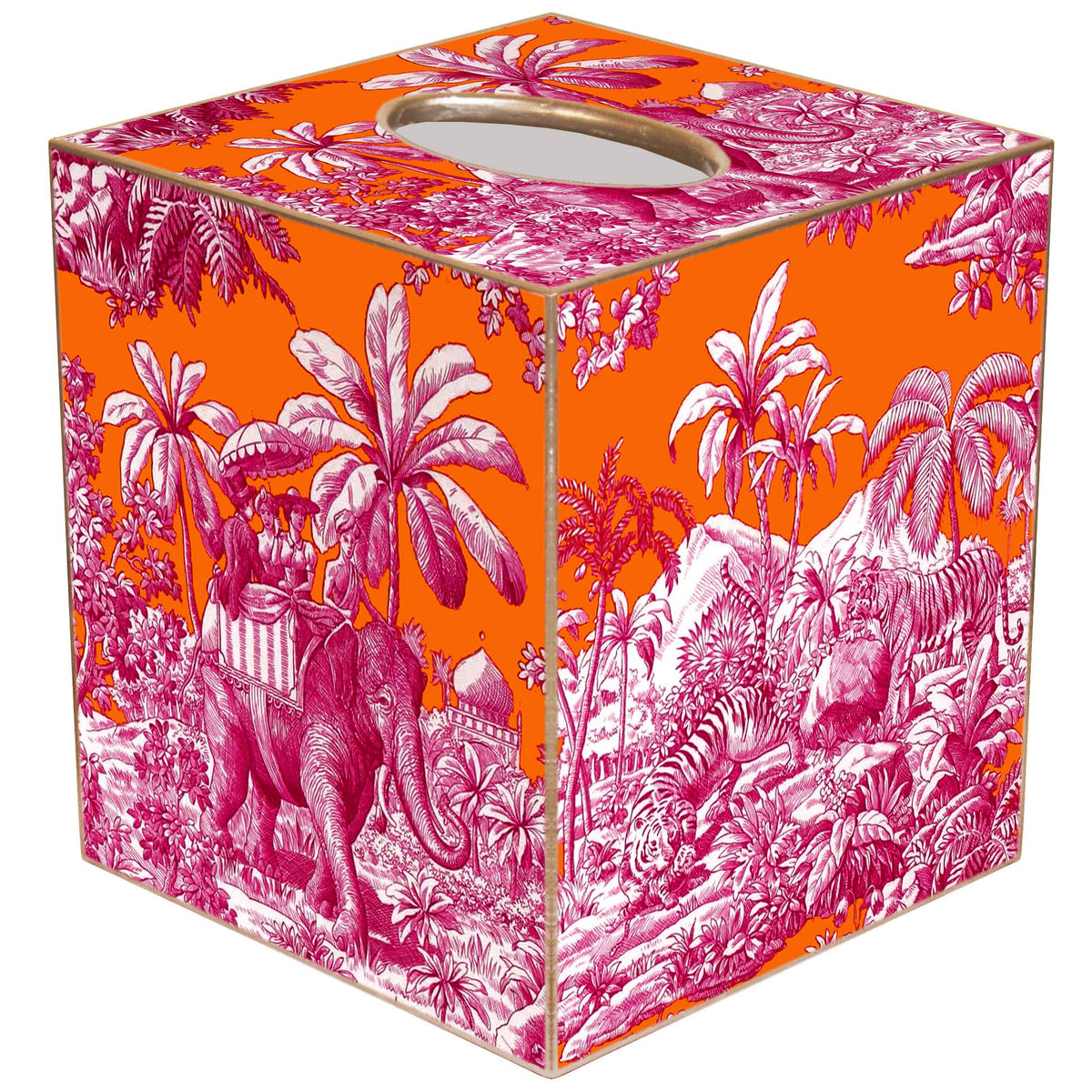 A handmade tissue box cover with a vibrant orange and pink toile print featuring an elephant and tiger.