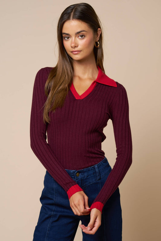 Contrast Collar Ribbed Knit Sweater