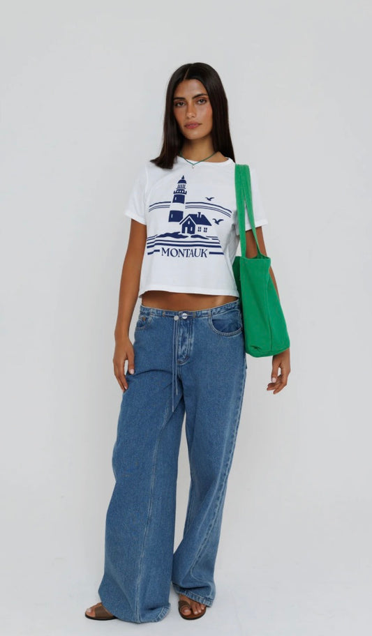 Sunny somewhere Montauk navy white tee shirt
